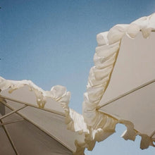 Load image into Gallery viewer, Two white decorative umbrellas against a clear blue sky