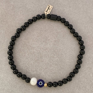 Black Onyx Evil Eye Bracelet with Pearl