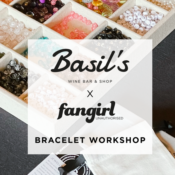 Box of beads with Basil's Wine Bar & Shop and Fangirl branding for a bracelet workshop.