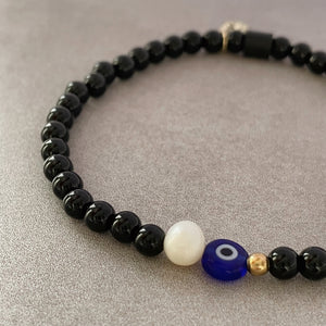 Black Onyx Evil Eye Bracelet with Pearl