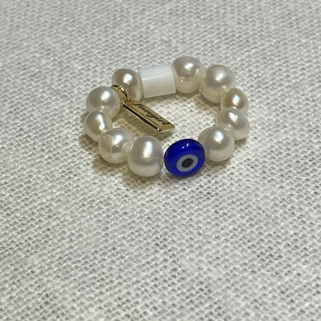 Fangirl Unauthorised freshwater pearl ring with glass evil eye bead