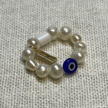 Load image into Gallery viewer, Fangirl Unauthorised freshwater pearl ring with glass evil eye bead
